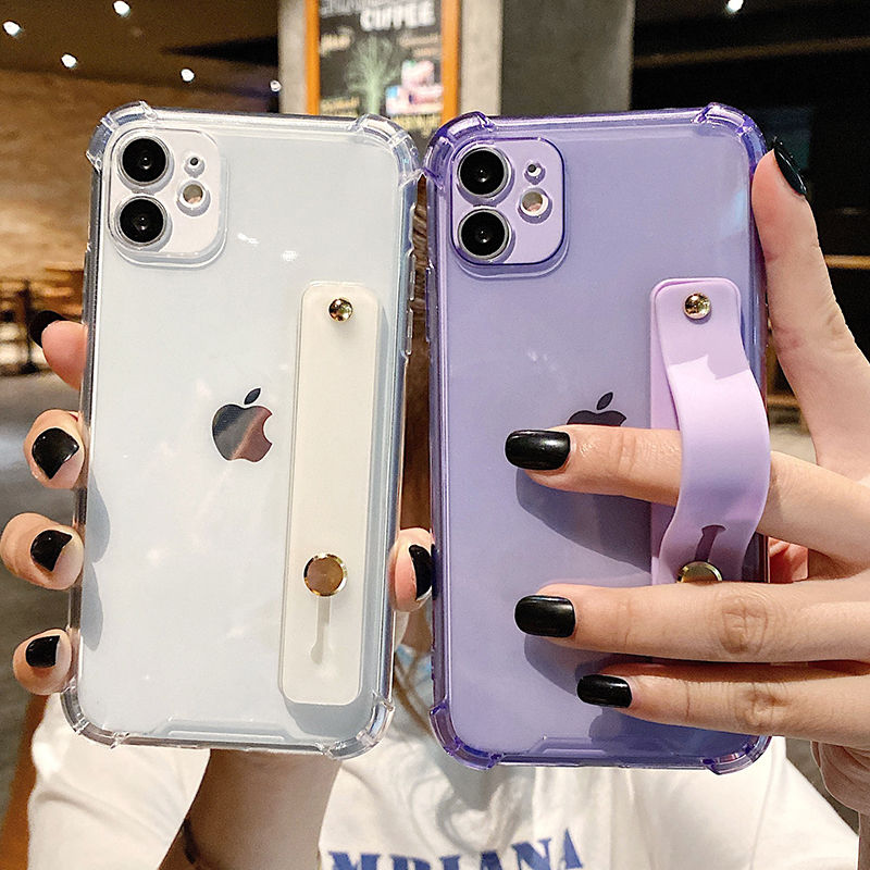 Wrist Strap Transparent Phone Case For iPhone 11 11Pro Max XR XS Max X 7 8 Plus 11Pro 12 Pro Fluorescent Color Soft Back Cover