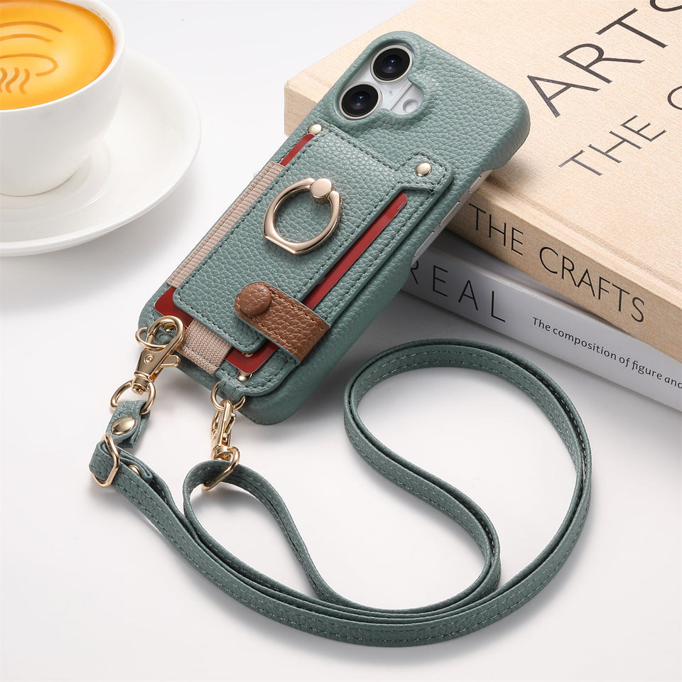 Suitable for iPhone 17 Pro phone case diagonal long hanging rope Air leather card insertion Apple 16 Promax protective cover