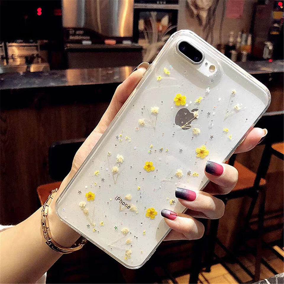 Real Flowers Dried Flowers Transparent Soft TPU Cover For Coque iPhone X 6 6S 7 8 plus Phone Case For iphone XS Max XR Cover