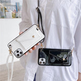Fashion Glossy wallet leather Phone Case For iPhone 13 12 11 Pro XR XS Max 8 7 Plus Luxury card holder Strap Lanyard Soft Cover