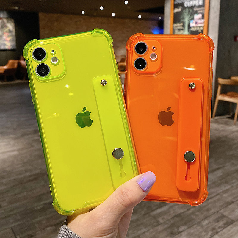 Wrist Strap Transparent Phone Case For iPhone 11 11Pro Max XR XS Max X 7 8 Plus 11Pro 12 Pro Fluorescent Color Soft Back Cover