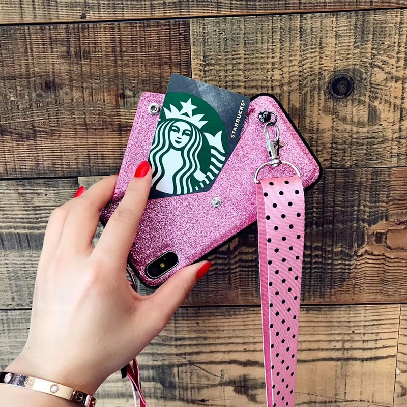 Luxury PINK Glitter Embroidery Leather Case for iPhone 7 7Plus Fashion Wave Point Lanyard Case For iphone XS Max X 8 6 6s Plus