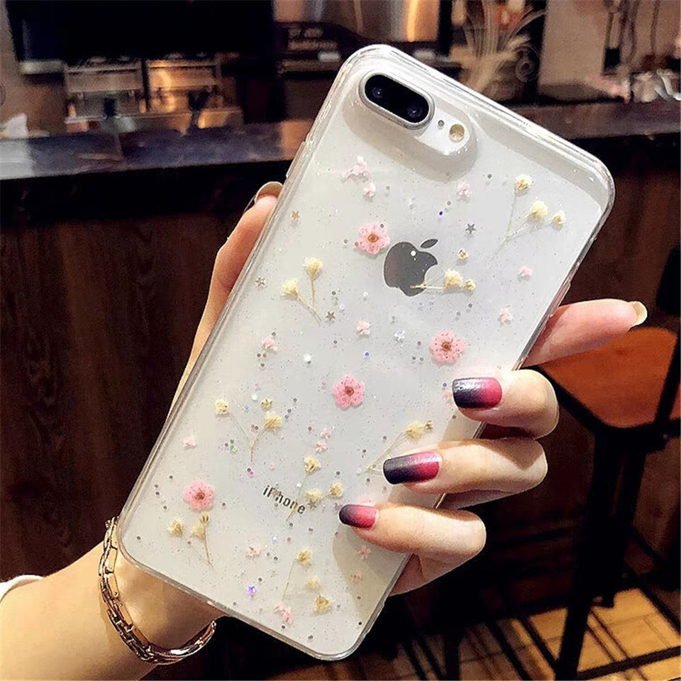 Real Flowers Dried Flowers Transparent Soft TPU Cover For Coque iPhone X 6 6S 7 8 plus Phone Case For iphone XS Max XR Cover