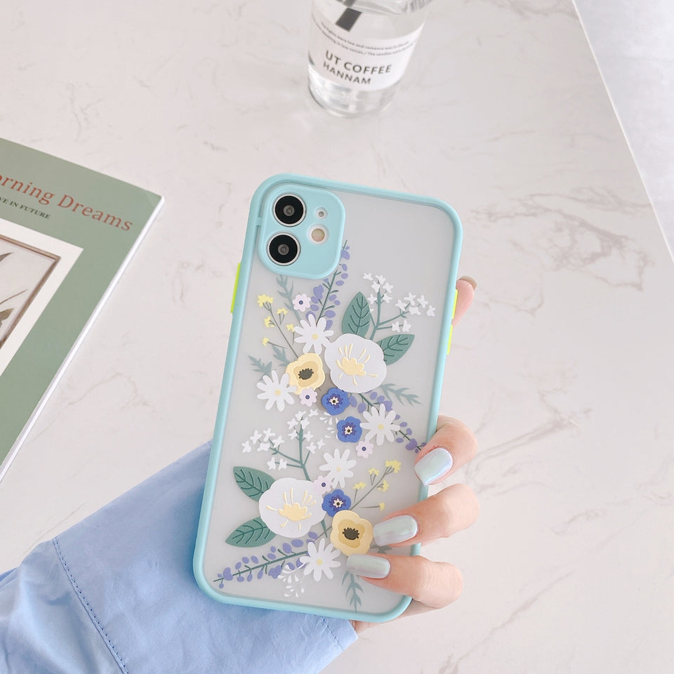 Luxury 3D Relief Flower Case For iPhone 12 Mini 11 Pro Max X XR XS Max 7 8 Plus Soft Bumper Transparent Matte PC Back Cover
