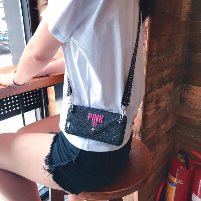 Luxury PINK Glitter Embroidery Leather Case for iPhone 7 7Plus Fashion Wave Point Lanyard Case For iphone XS Max X 8 6 6s Plus