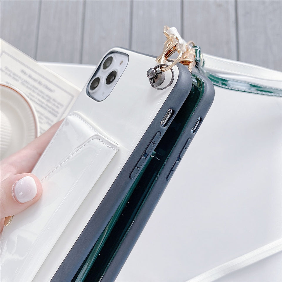 Fashion Glossy wallet leather Phone Case For iPhone 13 12 11 Pro XR XS Max 8 7 Plus Luxury card holder Strap Lanyard Soft Cover