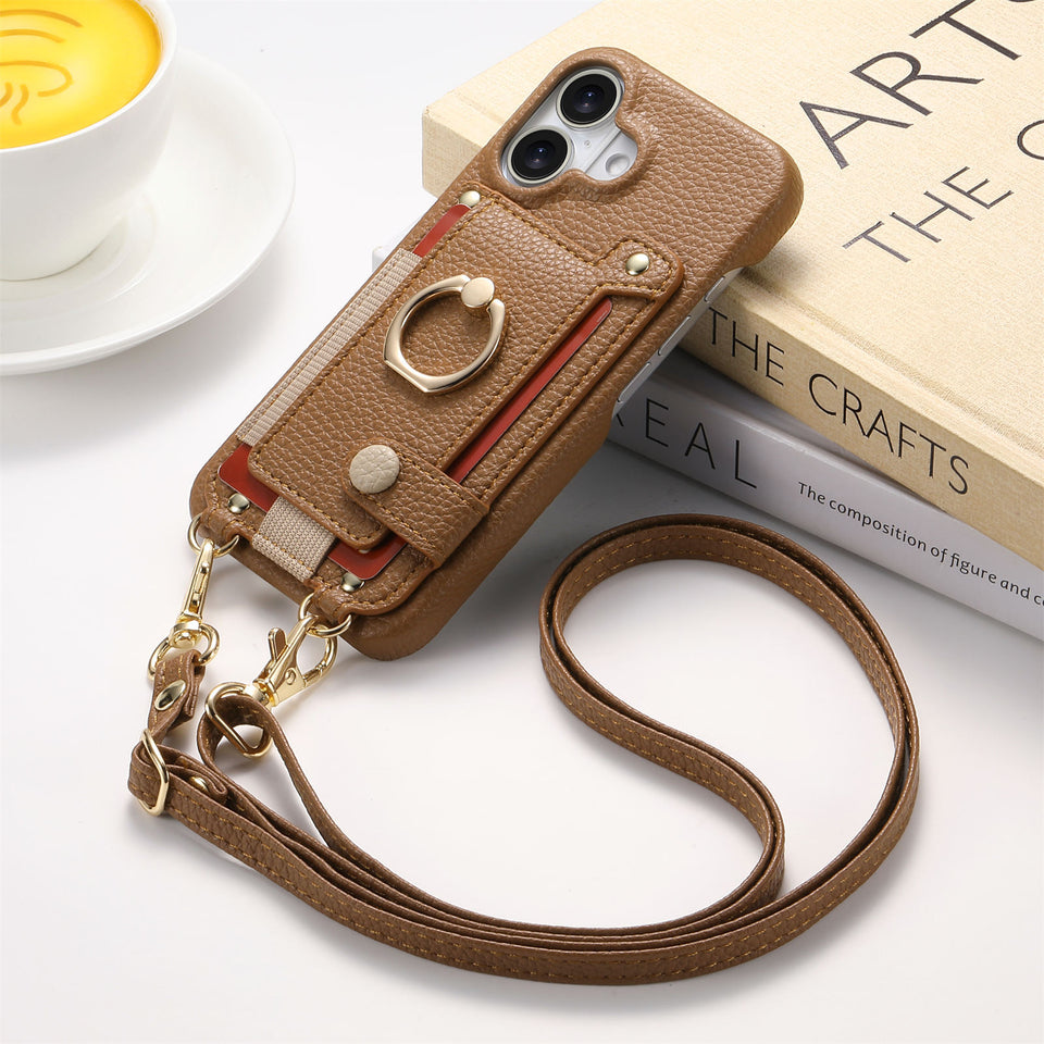 Suitable for iPhone 17 Pro phone case diagonal long hanging rope Air leather card insertion Apple 16 Promax protective cover