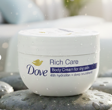 A Radiant Oasis of Hydration: Dove Rich Care Body Cream – 48h Moisture & Deep Nourishment Captured in Nature's Light 150gram