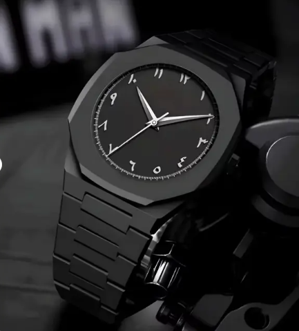 Black Minimalist Analog Wrist Aura Watch With Stainless Steel Strap And Butterfly Lock