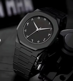 Black Minimalist Analog Wrist Aura Watch With Stainless Steel Strap And Butterfly Lock