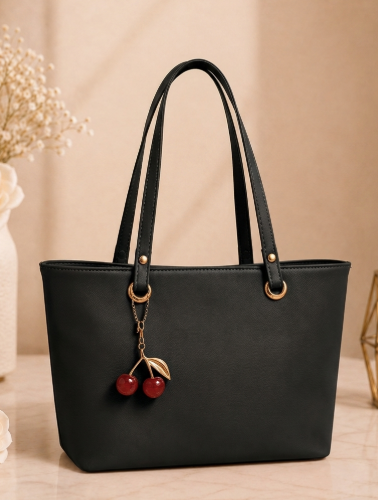 Cherry Charm Women's Tote Bag with Dual Zip Compartments, Back Pocket & Inner Pocket Black