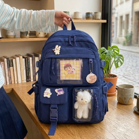 Cute Women Backpack Multi Pocket Canvas School Bag White Student Bag For Teenage Girls | Blue