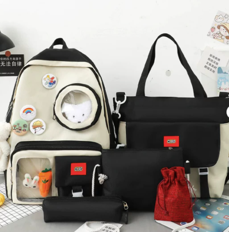 4 Set Backpack For Teenager Girl Waterproof High Capacity School Bags Female Student Cute BookBags | Black